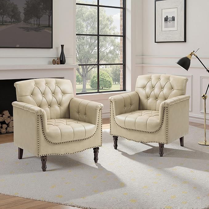 Faux Leather Accent Chair PU Leather Modern Comfy Upholstered Armchair with Wood Legs &amp Nailhead Trim for Living Room Bedroom (BeigeSet of 1)