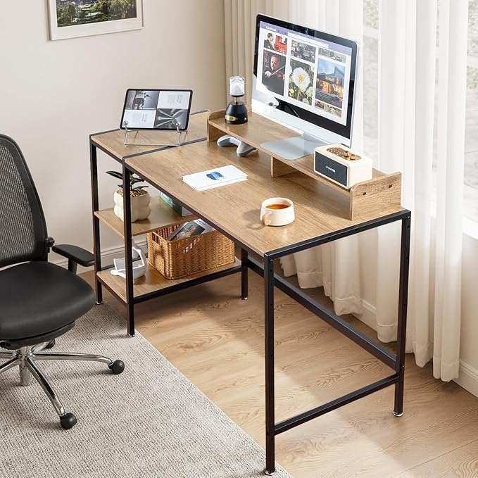 47-inch Computer Desk with Storage Shelf - Natural Wood Ideal Gaming Desk for Bedrooms Small Spaces and Home Offices Modern Writing Desk for PCs.