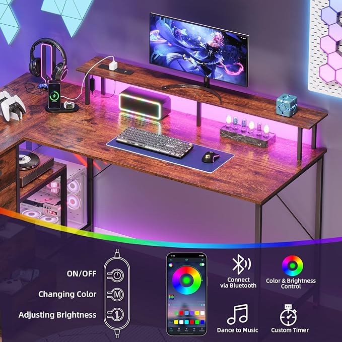 Somdot 53 L Shaped Desk with 4 DrawersHome Office Desks with Power OutletsGaming Desk with USB Charging Port and Host Stand Corner Desk with Storage Shelves for GamingWood Grain Print