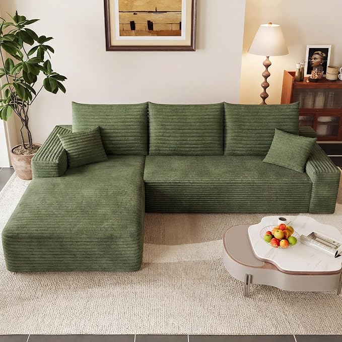 95 Modular Sectional Couch Boneless L Shaped Cloud Sofa with Chaise Lounge Corduroy Upholstered Couches Memory Foam Deep Seat No Assembly Required Ideal for Living Room(Green Left Facing)