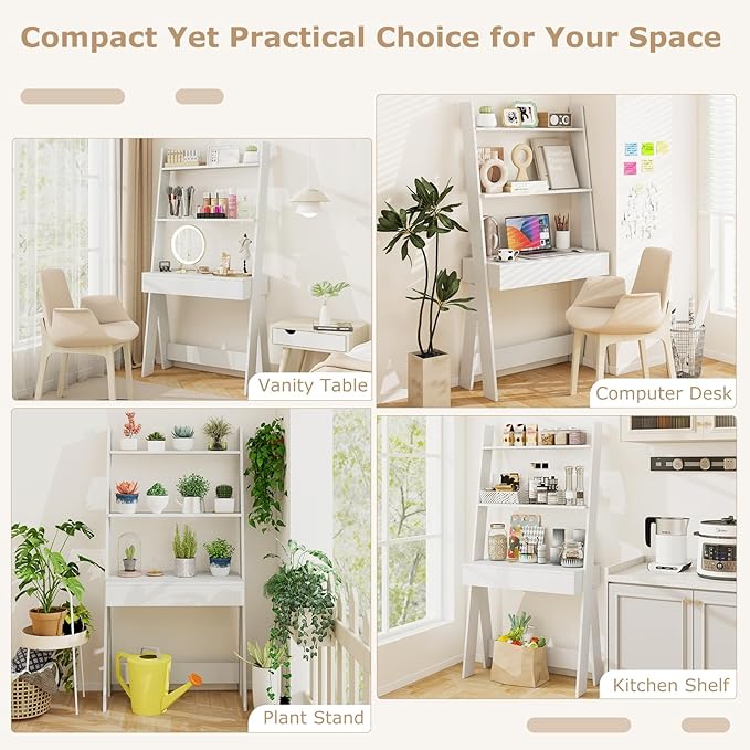 Giantex 3 Tier Ladder Desk with Drawer 33’’ Width Ladder Shelf with Anti-Tipping Device Freestanding Bookshelf Leaning Computer Desk with Shelves for Small Space (White)