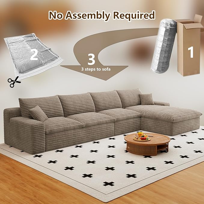Cloud Sectional Couch136 Inch Modular Sectional Sofa with Deep Seat Modern Corduroy Boneless Couches with L-Shape Chaise for Living Room Bedroom No Assembly Required (Camel Right Facing Chaise)