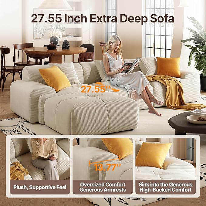 113 Modern L-Shaped Modular Sectional Sofa for Living Room Corduroy Upholstery Beige 3-Seater Cloud Couchand Movable Ottoman – No Assembly Beige