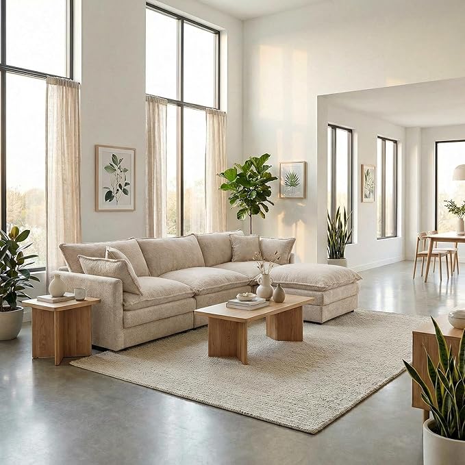 Homy Casa 102 Inch L Shaped Couch Set3-Seat Sectional Sofa with Chaise Comfortable Chenille Fabric Removable Cushions Ottoman DIY CombinationModern Design for Living/Family Room (Coffee)