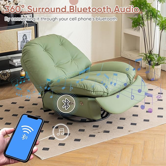 Oversized Electric Recliner Chair 360 Swivel Rocking Glider Rocker for Adults Modern Ergonomic Lounge for Living Room Phone Stand&amp Smart Control Theater Seating (Black Silicone Leather)