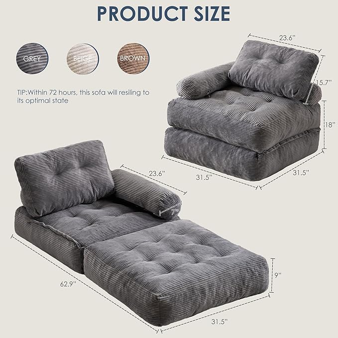 Folding Sofa Bed with ArmrestConvertible Sleeper Chair for Adults Folding Sofa Bed Foam Filling Couch with PillowSleeper Chairs Single Size Floor MattressGrey