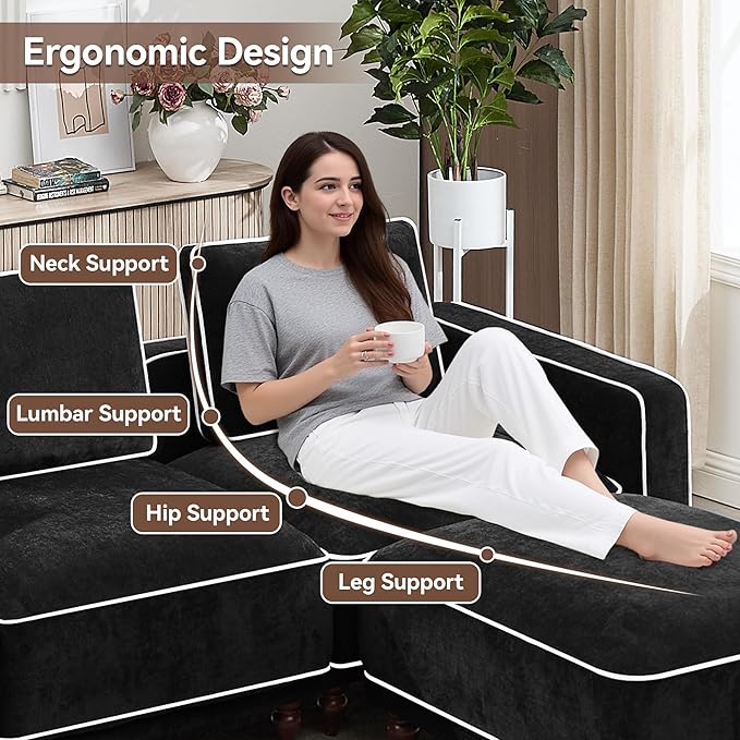 146 Modular Sectional U Shaped Couch with 2 Movable Ottoman Oversized 4-Seater Cloud Sofa for Living Room Comfy Deep Seat Couches with Thicked Cushion and Metal Armrests Chenille Black