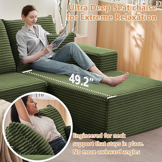 107 Modular Sectional Sofa with Ottoman Modern Corduroy Cloud Couch with Deep Seat Boneless Couch Upholstered 3-Seater U-Shaped Sofa for Living Room No Assembly (Green Right-Facing Chaise)