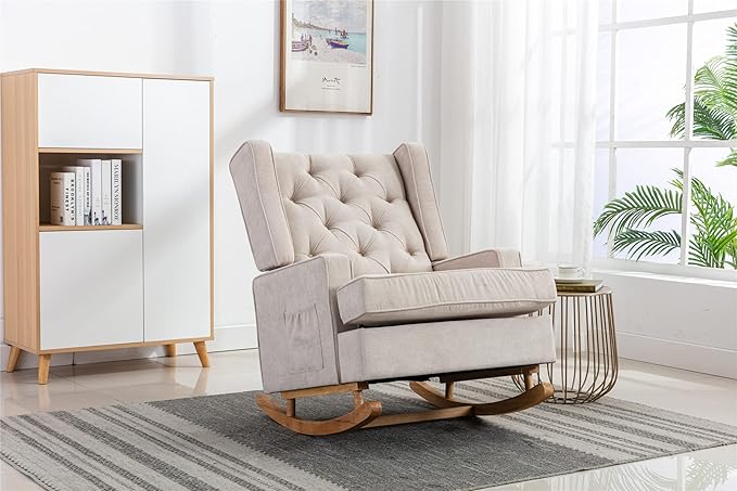 QQU Rocking Chair with Arms Leisure Teddy Chair IndoorComfy High Back Chair with Solid Wood Base Side Pocket for Living RoomBedroomOffice (Beige)