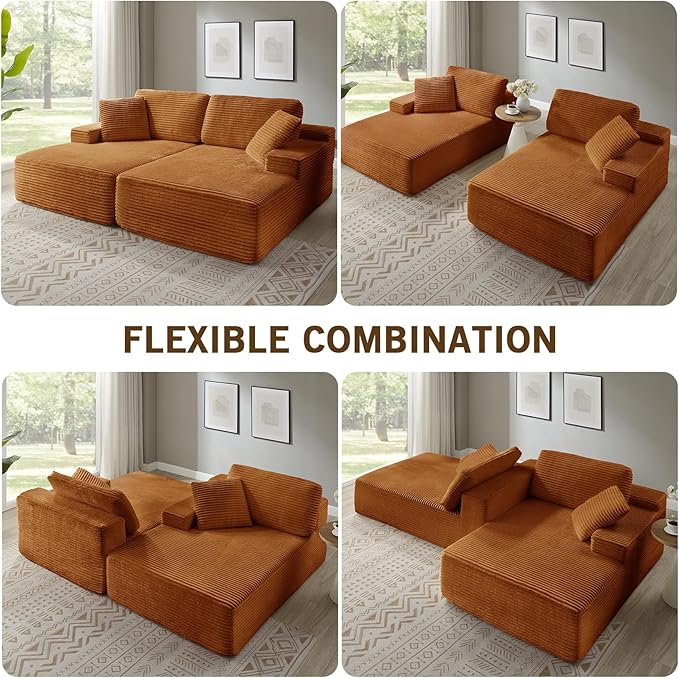 89.3” Oversized Double Chaise Lounge Indoor Orange Corduroy Chaise Lounge Chair Upholstered Sleeper Sofa Bed Deep Seat Sleeper Loveseat Reading Chairs Boneless Cloud Couch for Living Room Bedroom