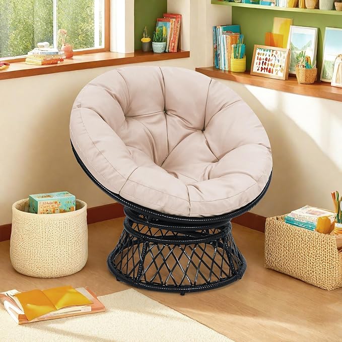 40 Ergonomic Wicker Papasan Chair 360° Swivel Indoor Outdoor Rattan Chair with Soft Thick Cushion Ideal for Living Room Bedroom Reading Room Black Frame with Beige Cushion