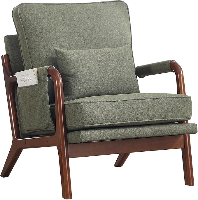 ANJ Mid Century Modern Accent Chair Lounge Reading Armchair with Extra Side Pocket &amp Detachable Cushion Comfy Fabric Accent Chairs for Living Room BedroomGreen