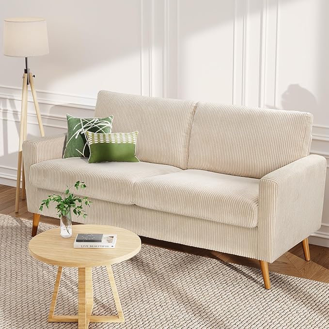 WEUP 68 Loveseat Sofa Beige Corduroy Couch Mid Century Modern Love Seat Couches for Living Room Small Loveseat for Bedroom Office Comfy Sofa with Spring Cushion Solid Wood Tool-Free Assembly