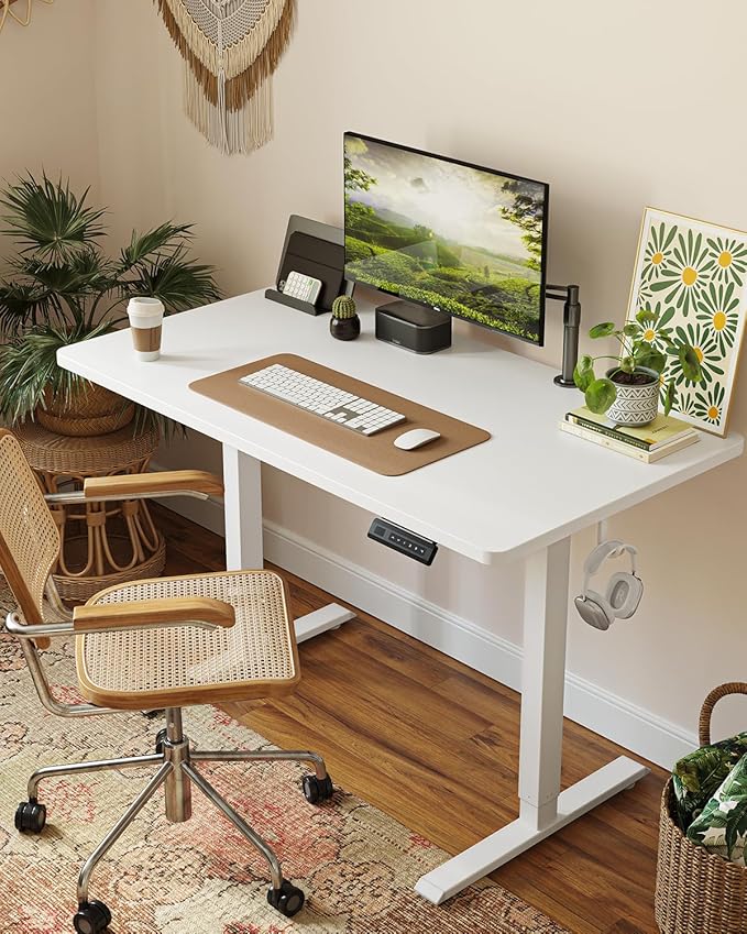 CubiCubi 48 x 24 Large One-Piece Standing Desk Adjustable Height Electric Computer Home Office Sit Stand up Workstation with 4 Memory Presets Headphone Hook White