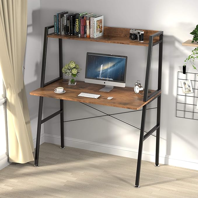 EUREKA ERGONOMIC43 Inch 2-Tier Home Office Students Study Writing PC Gaming Table with Bookshelf Small Computer Ladder Desk with Storage ShelvesModern Workstation for Space Saving Rustic Brown