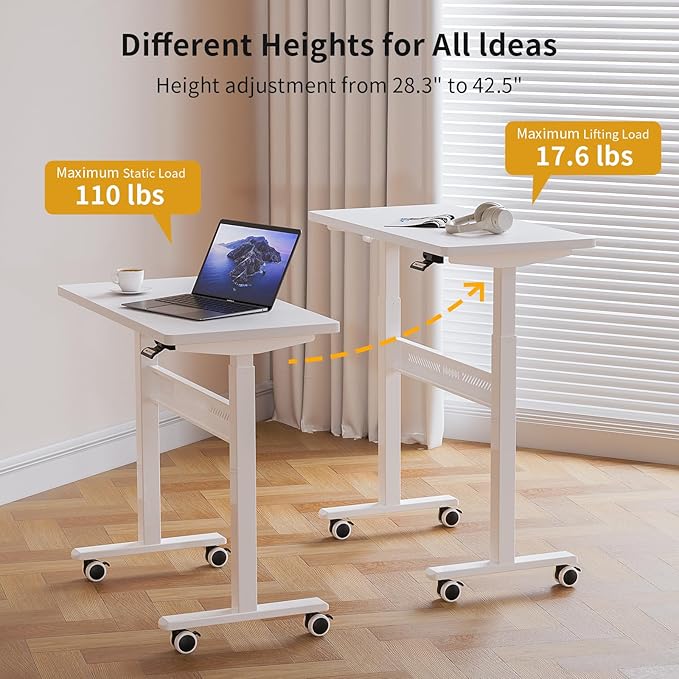 Mobile Standing Desk with Wheels 32 inch Pneumatic Height Adjustable Desk for Walking Pad Small Rolling Computer Workstation Portable Sit Stand Desk for Home Office 28-43 Tall White