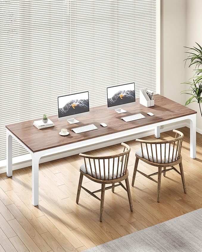 LITTLE TREE Two Person Desk 78.7 Inches Extra Long Computer Desk Wooden Large Office Desks with Strong Metal Legs Double Desk for 2 People Writing Study Table for Home Office Oak &amp White