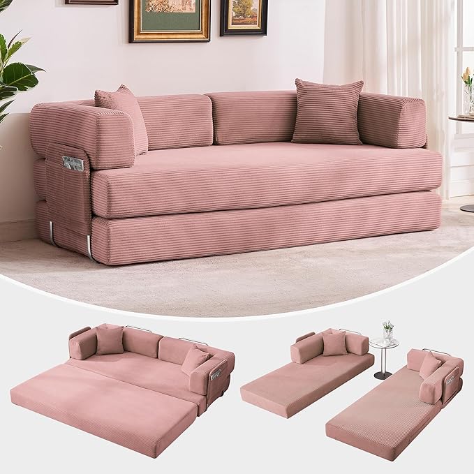 Convertible Sleeper Sofa Bed 78.8 Floor Sofa Bed 5-in-1 Folding Mattress Couch Loveseat with Fixed-Shape Frame Pillow Corduroy Fabric for Living Room Bedroom Lounge (Pink)