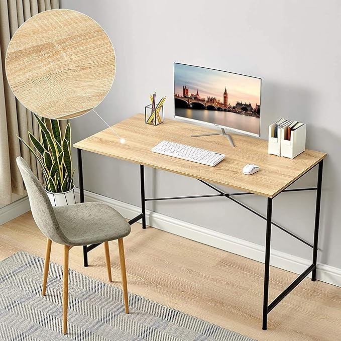 Coavas 47 inch Office Computer Desk Large Study Desk Simple Writing Table Workstation for Home Oak Tabletop with Black Frame
