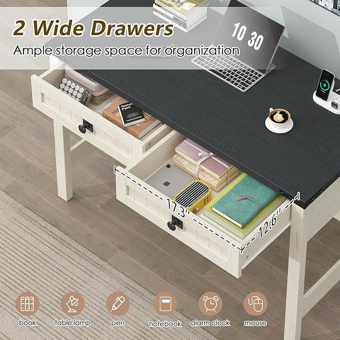 Farmhouse Computer Desk with 2 Drawers 39 Inch Small Office Computer Desk with Power Outlets Compact Writing Study Vanity Desk for Small Spaces Black and White