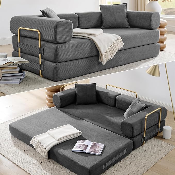 Convertible Folding Sofa Bed Modern Futon Sleeper Sofa Fold Out Couch Bed with Gold Fixed Frame Modular Floor Sofas Comfy Corduroy Boneless Couches for Living Room (78 Grey)