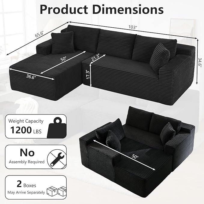 KIVENJAJA 103 Black Boneless Couches for Living Room L-Shaped Cloud Sectional Sofa with Chaise Corduroy Foam Compression Modular Set for Apartment Home Office No Assembly Required