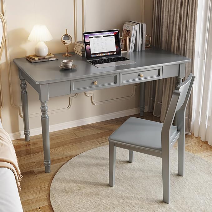 100% Solid Oak Wood Home Office Desks Modern Furniture Simple Writing Table Workstation Home Office Desk Computer Desk with 2 Drawers(40-Inch Dark Gray)