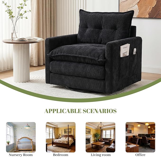 Square Swivel Chairs Set of 2Plush Chenille Upholstered Accent Club Chair with Arms360°Rotation Armchair for ReadingModern Single Cloud Sofa Chair for Living Room(2 Black)