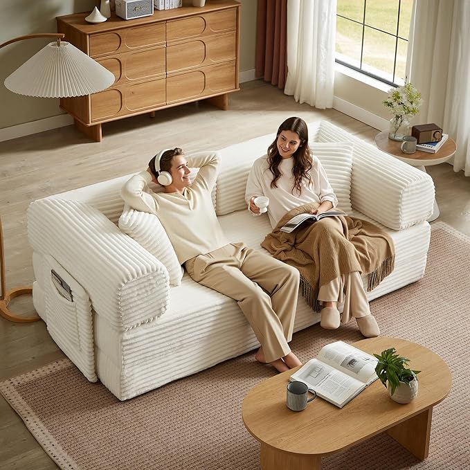 Boneless Couch Folding Couches for Living Room Sofa Futon Sofa Bed with Sleeper Sofa Futon Couch with Fixed-Shape Oversized Corduroy Upholstered (White 81 Inches)