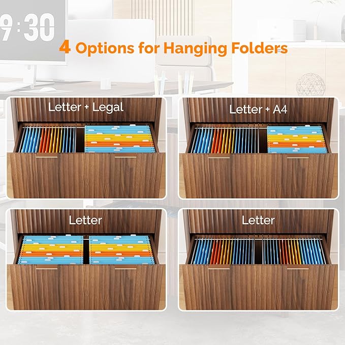 VINGLI 2 Drawer File Cabinet Home Office Filing Organizer for Letter Legal A4 Size File Folder Storage Modern Style Fluted Design Wood Lateral Filing Cabinet Printer Stand Dark Walnut