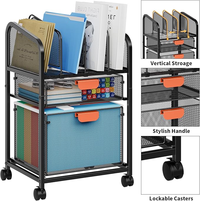 Marbrasse Rolling File Cart with Adjustable Dividers Mobile File Cabinet on Lockable Wheels Office Filing Cabinet Organizer Hanging File Folder Organizer for Home Office - Black