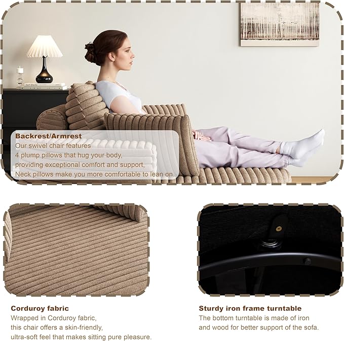 TTK 55” Oversized Corduroy Swivel Chair Fluffy 360° Rotating Sleeper Armchair with Pillows &amp Headrest Full Foam Barrel Chair for Living Room Bedroom Reading Nook Lounge or Apartment Brown
