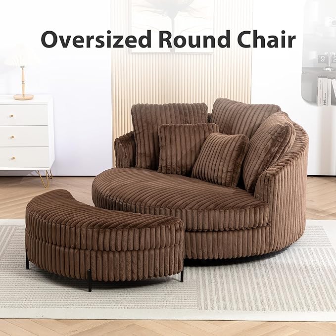 Chifee &amp Vingol 59.8 W Oversized Accent Round Chair Large Barrel Chair with Ottoman &amp Movable Wheels &amp 5 Pillows Faux Fur Fabric - Brown
