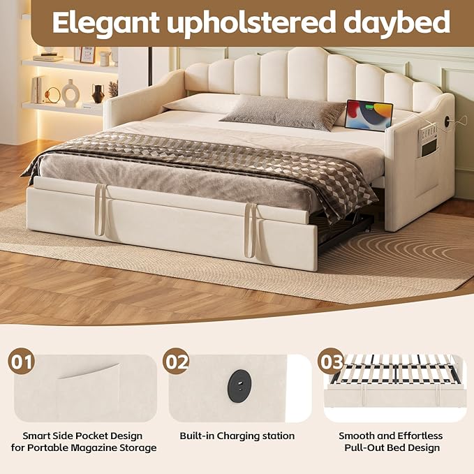 Bellemave Upholstered Twin Daybed with Pop Up Trundle USB &amp Type-C Charging Ports 2 Side Pockets No Box Spring Needed Velvet Modern Day Bed Frame (Beige)
