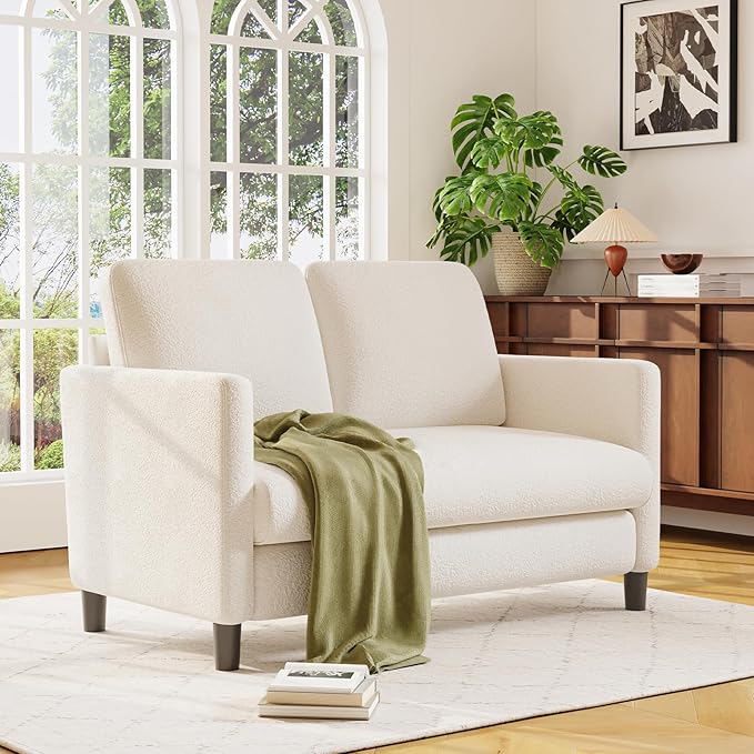 Loveseat Sofa 51 Love Seat Comfy Teddy Small Loveseat for Small Spaces Tool-Free Setup Sofa Couch for Bedroom All-Wood Couches for Living Room No Pillow Included Cream White