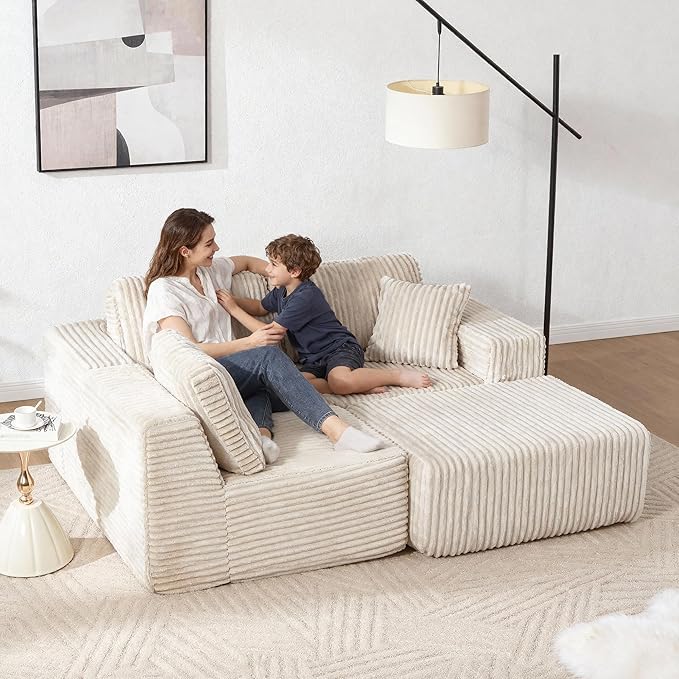 101.5'' Modular Sectional Sofa Cloud Sectional Couch with Deep Seat Comfy Fluffy L Shaped Couches Memory Foam Sofa with 1 Ottoman Corduroy Boneless Couch No Assembly Required Beige
