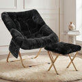 Comfy Saucer Chair for Adults Foldable Living Room Chairs Soft Faux Fur Lounge Chair for Bedroom Reading Chairs X-Large (Ottoman-Black)