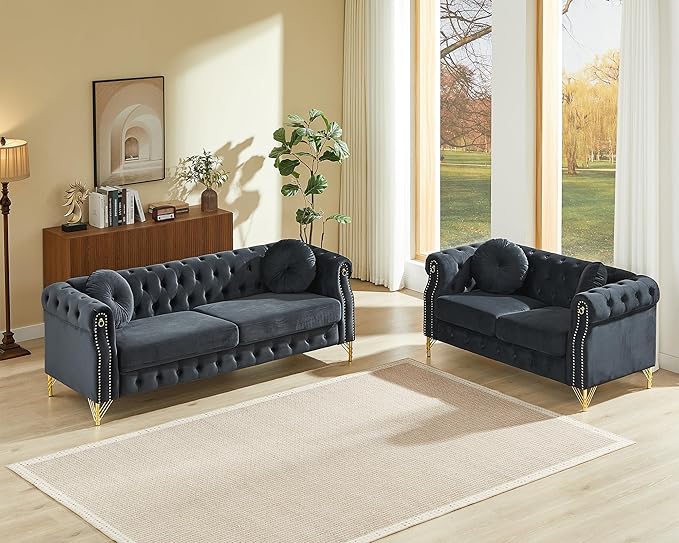 3-Seater Chesterfield Sofa and Loveseat Set Mid Century Modern Sofa Couch with Button Tufting &amp Rolled Arms Comfy Upholstered Velvet Deep Seat Couch Set for Living Room Office Black(2 Pieces)