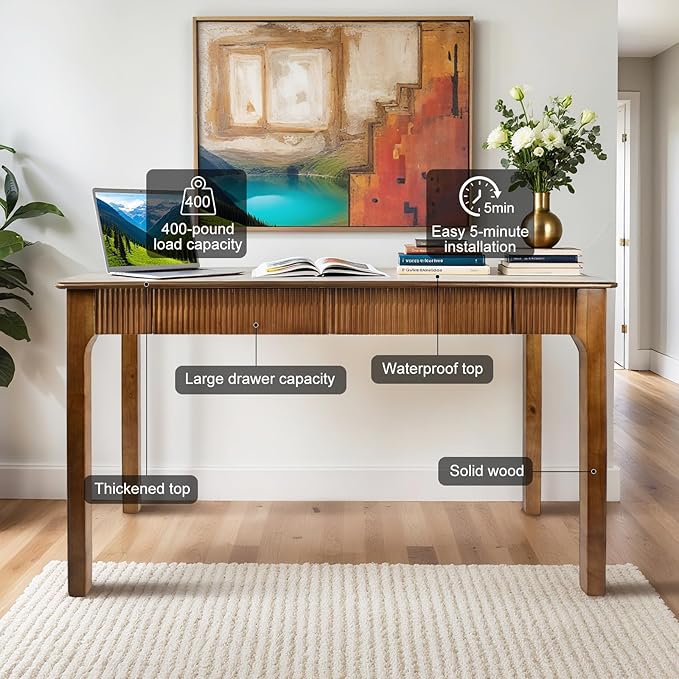 39.4'' Solid Wood Desk with 2 Drawers Mid Century Modern Home Writing Office Small Wooden Desk Vintage Computer Table with Storage for Living Room Bedroom Fluted Design Walnut(Walnut 39.4 Inch)