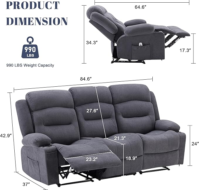 Oversized Recliner Sofa with Heat and Massage Wall-Hugger Reclining Sofa with Cup Holders and USB Port Big Large 3-Seater RV Recliner Couch Sofa for Living Room (Fabric Grey)