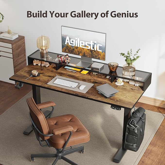 Agilestic Glass Standing Desk with Storage 48 Inch Electric Adjustable Desk with Glass Shelf Sit Stand Up Home Office Computer Table Splice Board Rustic Brown