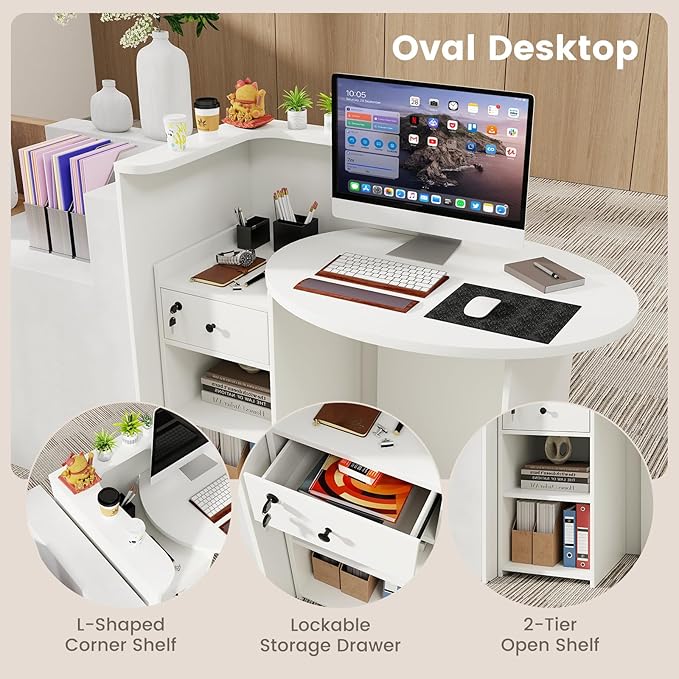 Reception Desk Small Retail Checkout Counter with Lockable Drawer and Open Shelves Wooden Front Desk Reception Counter Oval Desktop &amp L Counter for Store Office Lobby Salon (White)