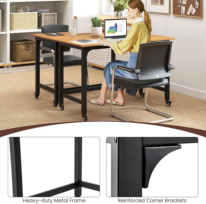 COSTWAY 48” Mobile Computer Desk Home Office Desk on Wheels Simple Study Writing Table with 4 Lockable Wheels Metal Frame Rolling Laptop PC Table for Small Space (Natural)