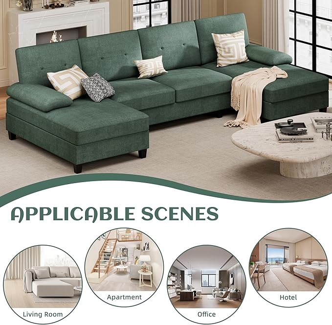 Vongrasig Sectional Couches for Living Room U-Shaped Sofa with Chaise 4-seat Large Sectional Modern Couch for Living Room Apartment (Green)