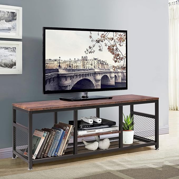 VECELO TV Stand for 55 Inch Entertainment Center Media Console Table with Storage for Living Room and Bedroom 47 Inch Brown+Black