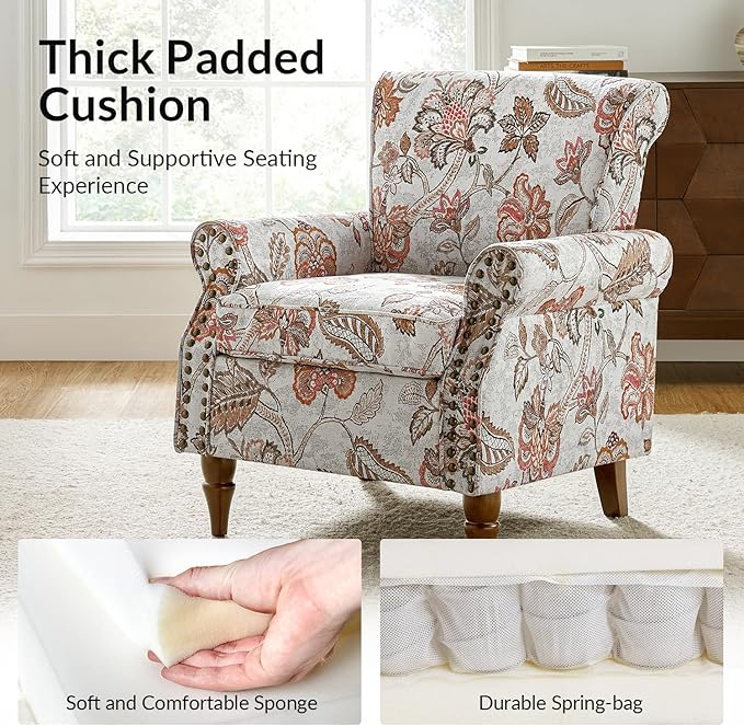 Wingback Accent Chair with Wood Legs Modern Comfy Upholstered Armchair with Removable Cushion and Nailhead Trim Floral Pattern Single Sofa Reading Chair for Living Room Bedroom
