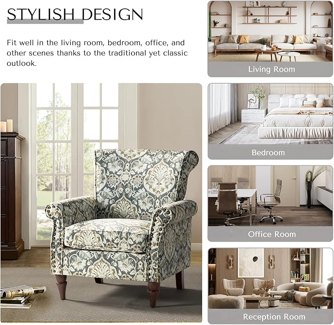 HULALA HOME Modern Wingback Accent Chairs Set of 2 with Wood Legs &amp Removable Cushion Comfy Upholstered Armchairs with Nailhead Trim Floral Pattern Single Sofa Chairs for Living Room Bedroom Pi