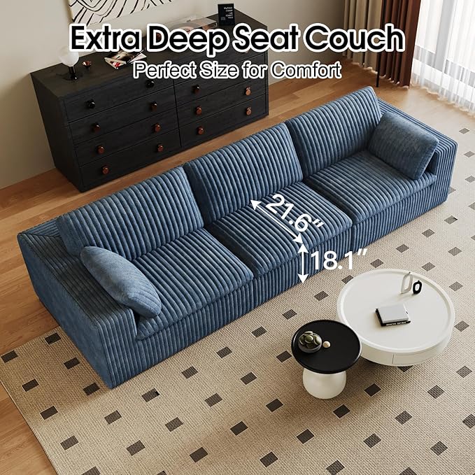 78.8 LoveSeat Cloud Sofa - Modular Sectional Couch with Modern Deep Seat: Plush Corduroy Upholstered for Living Room Bedroom Apartment &amp Small Spaces - No Assembly Required (Blue 3 Seater)