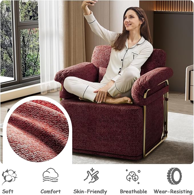 Swivel Accent Chairs 360 Swivel arm Chairs for Bedroom Club Chair with Back Gold Frame Tall Base for Office and Living Room (Red)