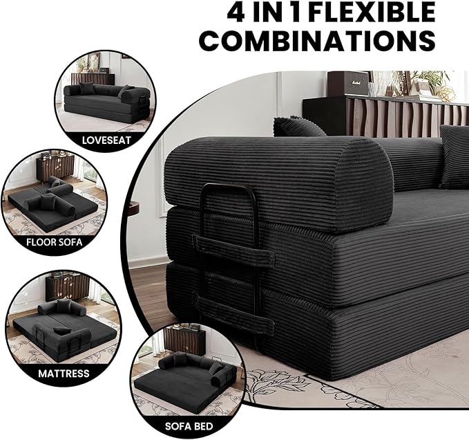 79 5-in-1 Convertible Sofa Bed King Size Sleeper with Bonus Pillows &amp Heavy Duty Frame No Assembly Corduroy Couch Bed for Movie Night &amp Guest Room Black